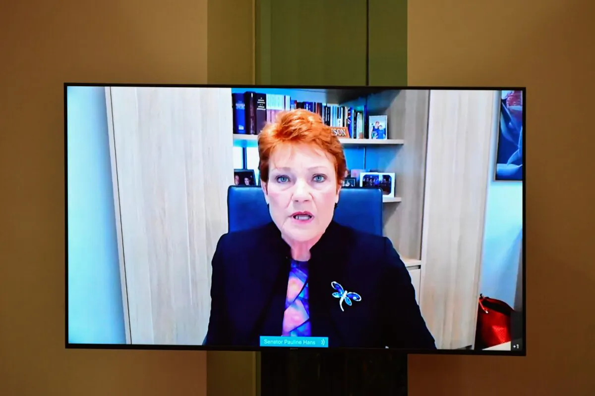 One Nation leader Senator Pauline Hanson appearing via videolink in the Senate chamber at Parliament House in Canberra, Australia, Nov.22, 2021. (AAP Image/Mick Tsikas) 