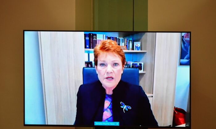 One Nation leader Senator Pauline Hanson appearing via videolink in the Senate chamber at Parliament House in Canberra, Australia, Nov.22, 2021. (AAP Image/Mick Tsikas) 