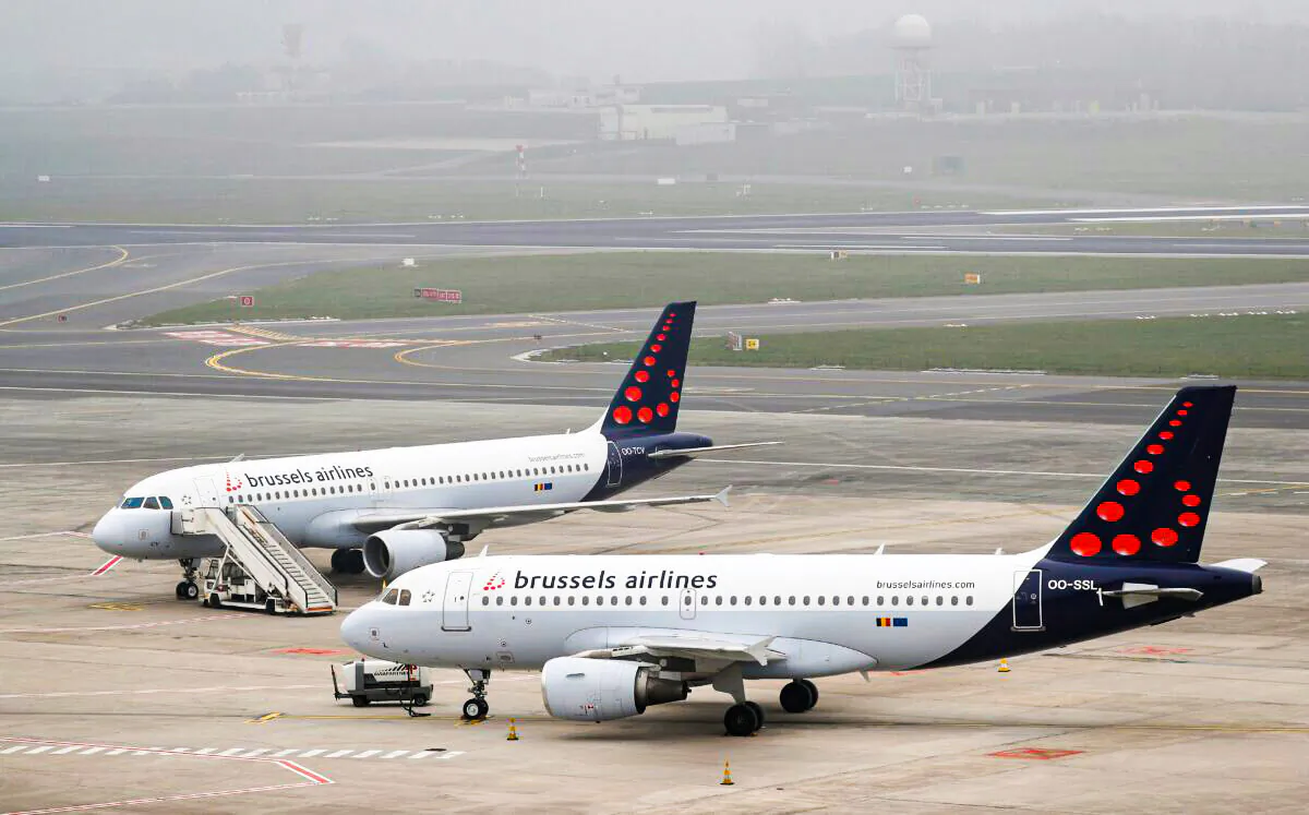 Brussels Airlines planes are parked on the tarmac at Zaventem International Airport near Brussels, Belgium, on March 19, 2020. (Francois Lenoir/Reuters)