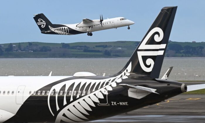 An Air New Zealand plane taking off from Auckland Airport in New Zealand, on Aug. 26, 2021. (William West/AFP via Getty Images)
