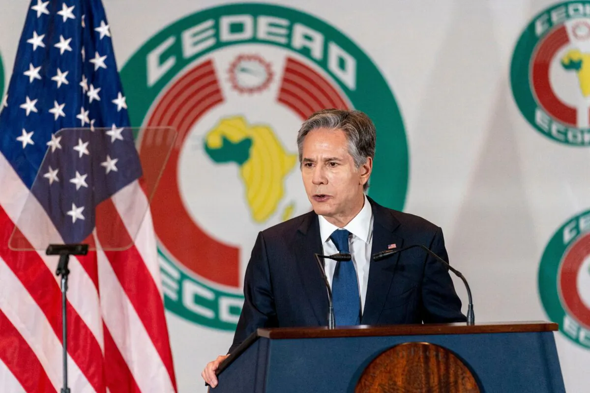U.S. Secretary of State Antony Blinken gives a speech on U.S.–Africa Policy at the Economic Community of West African States in Abuja, Nigeria, on Nov. 19, 2021. (Andrew Harnik/POOL/AFP via Getty Images)