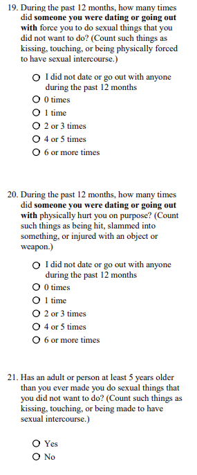 Screenshot of questions asking teen aged children how many times someone they dated tried to force sex or hurt them during sex from the 2021 High School Youth Survey. 