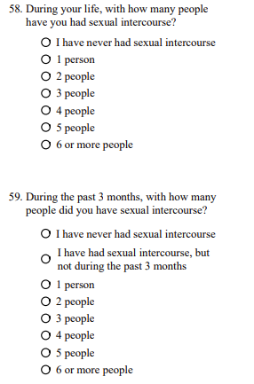 Screenshot of questions asking teen aged children how many sexual partners they've had from the 2021 Virginia High School Survey. 