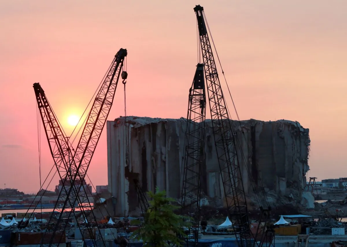 A view shows the grain silo that was damaged during last year's Beirut port blast, during sunset in Beirut, Lebanon, on July 29, 2021. (Mohamed Azakir/Reuters)