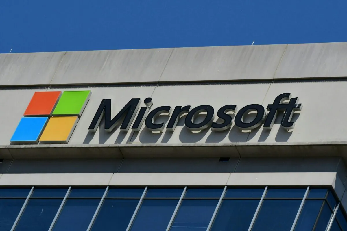 A Microsoft logo adorns a building in Chevy Chase, Md., on May 19, 2021. (Eva Hambach/AFP via Getty Images)