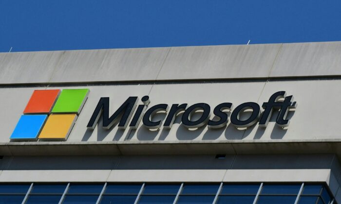 A Microsoft logo adorns a building in Chevy Chase, Md., on May 19, 2021. (Eva Hambach/AFP via Getty Images)