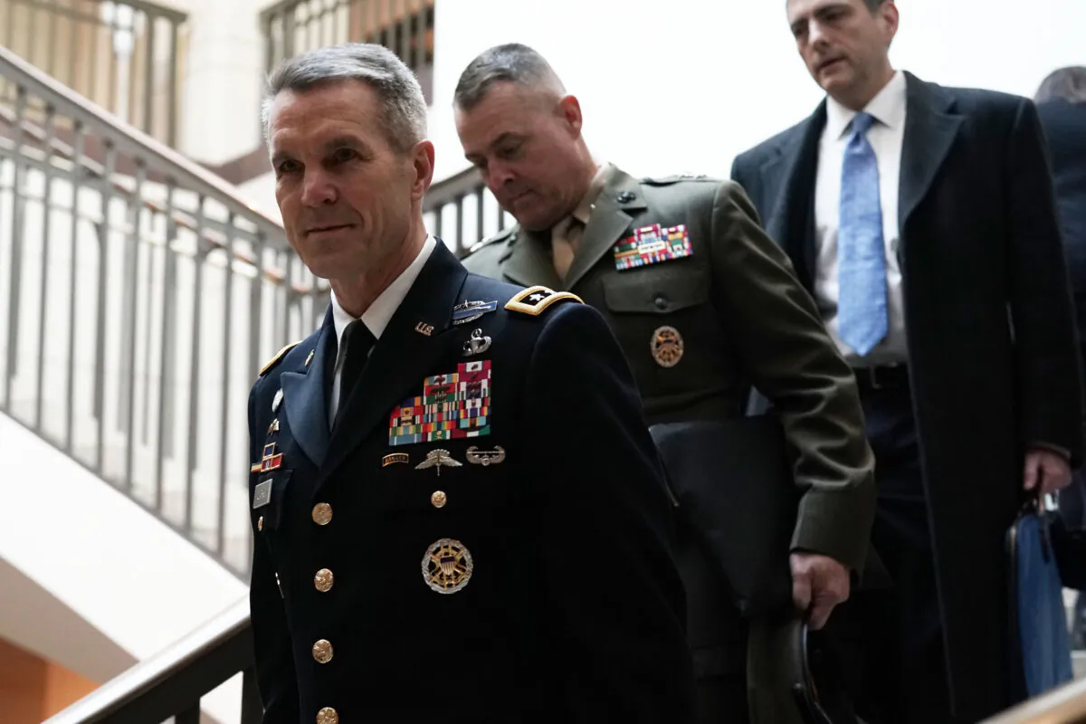 U.S. Army Lieutenant General Richard D. Clarke (L), Director for Strategy, Plans, and Policy of the Joint Staff, arrives at a closed briefing before the Senate Armed Services Committee on Capitol Hill in Washington, on Jan. 10, 2019. (Alex Wong/Getty Images)