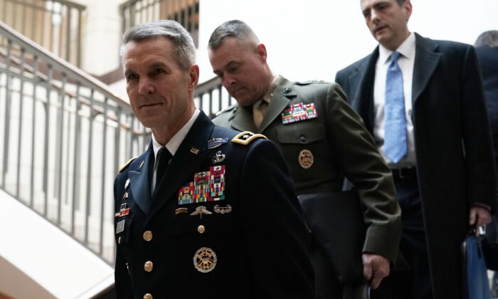 U.S. Army Lieutenant General Richard D. Clarke (L), Director for Strategy, Plans, and Policy of the Joint Staff, arrives at a closed briefing before the Senate Armed Services Committee on Capitol Hill in Washington, on Jan. 10, 2019. (Alex Wong/Getty Images)