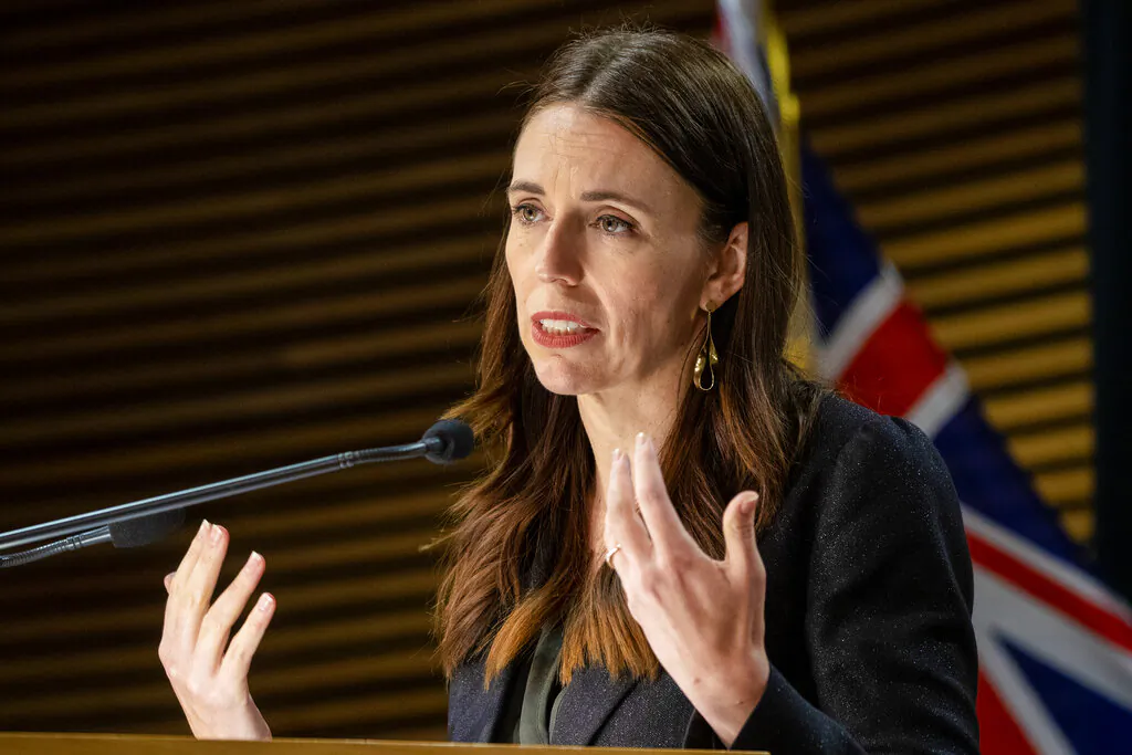 New Zealand Prime Minister Jacinda Ardern addresses a post-Cabinet press conference at Parliament in Wellington, New Zealand, on Nov. 22, 2021. (Mark Mitchell/Pool Photo via AP)