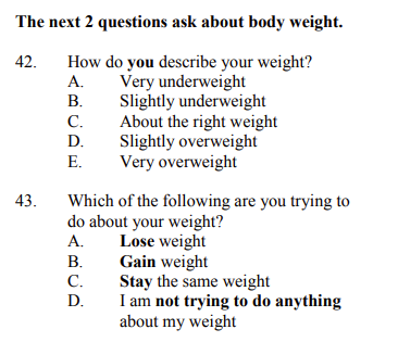 Screenshot of questions about the child's weight from the 2021 Virginia Middle School Youth Survey.