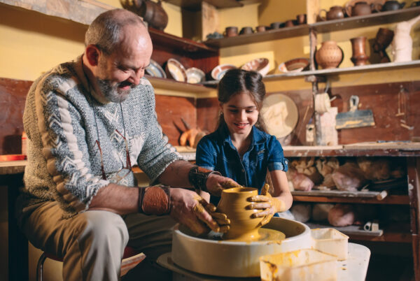 Pottery,Workshop.,Grandpa,Teaches,Granddaughter,Pottery.,Clay,Modeling.