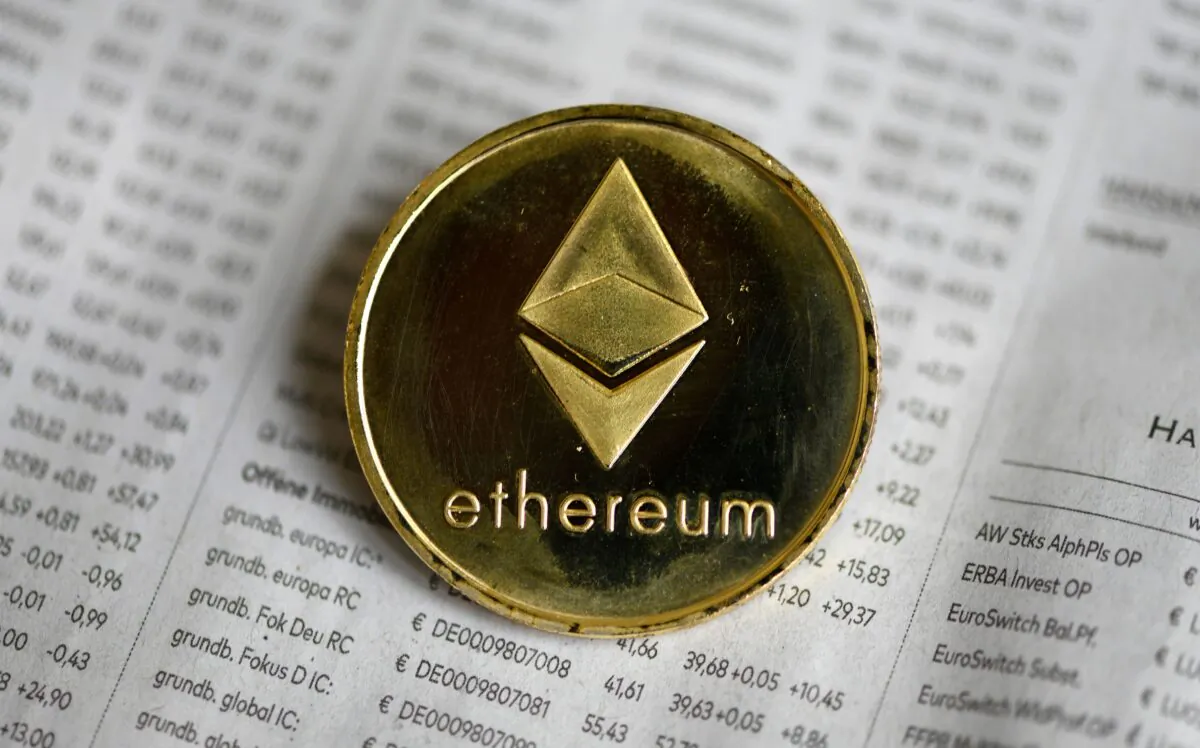 The photo shows a physical imitation of a Ethereum cryptocurrency in Dortmund, western Germany, on Jan. 27, 2020. (Ina Fassbender/AFP via Getty Images)