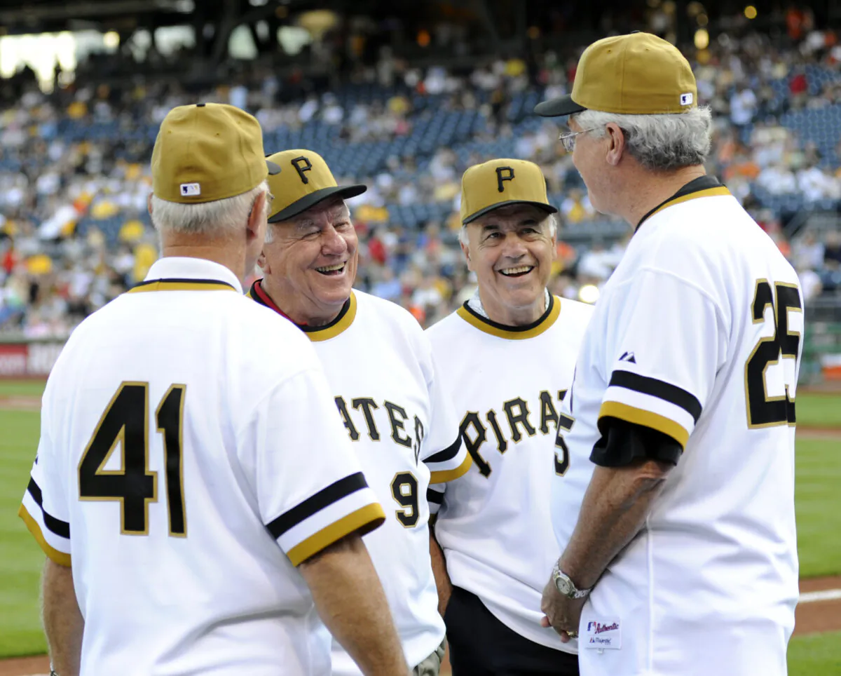 Pittsburgh Pirates from the 1971 World Series Championship team, Bill Virdon (L-R), Bill Mazeroski, Dave Giusti, and Bruce Kison, share a laugh before the MLB interleague baseball game between the Pirates and Baltimore Orioles in Pittsburgh, on June 21, 2011. (David DeNoma/Reuters)