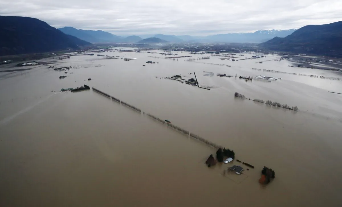 Flooded farms in Sumas Prairie are seen in this aerial photo in Abbotsford, B.C., on Nov. 22, 2021. (The Canadian Press/Darryl Dyck) 