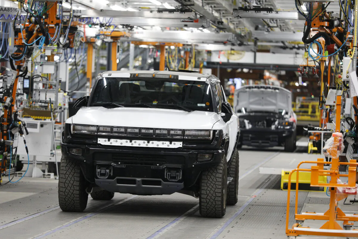 A GMC Hummer EV truck is shown at General Motors' Factory Zero in Detroit on Aug. 5, 2021. (Bill Pugliano/Getty Images)