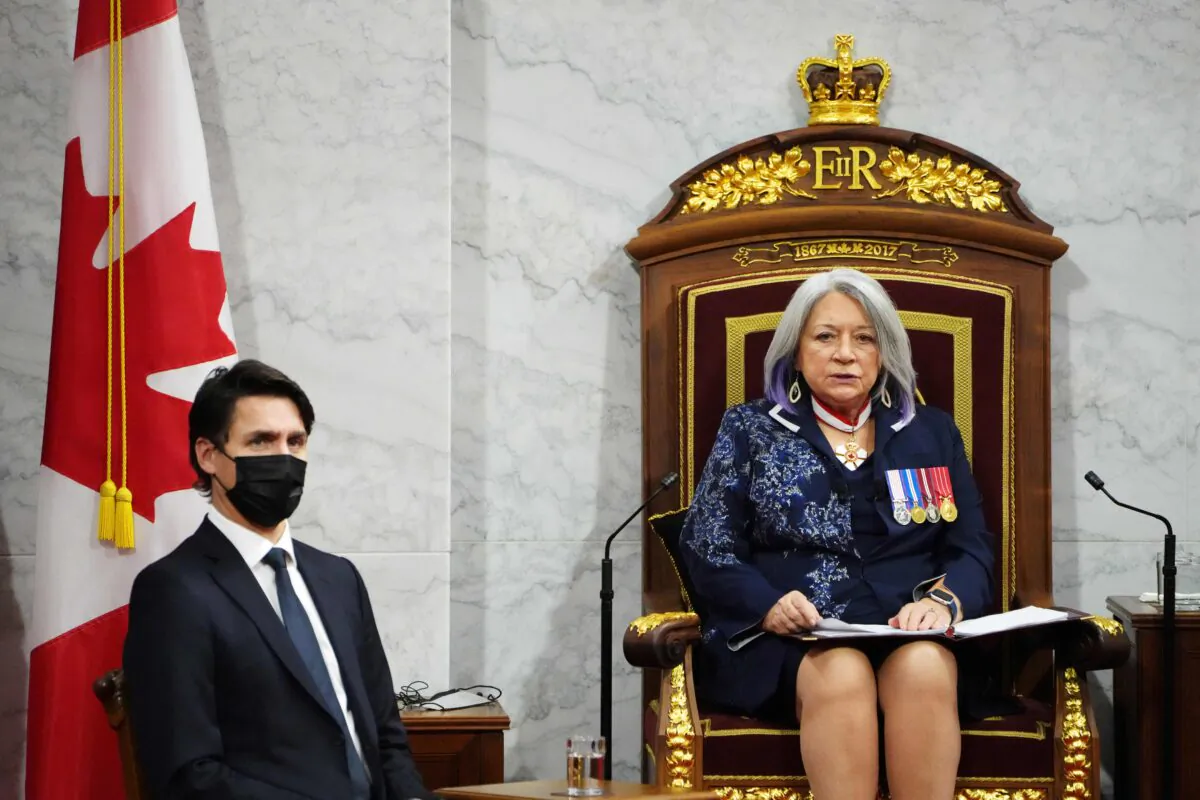 Governor General Mary Simon delivers the Throne Speech as Canadian Prime Minister Justin Trudeau looks on in the Senate of Canada in Ottawa, Ontario November 23, 2021. (POOL/AFP via Getty Images/Sean Kilpatrick)
