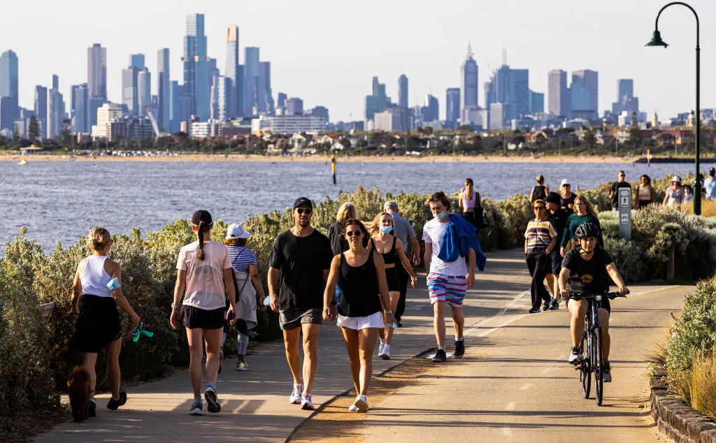 People are seen exercising in Brighton in Melbourne, Australia, on Oct. 20, 2021. (Daniel Pockett/Getty Images)