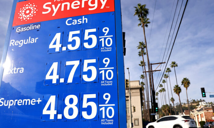 Gasoline prices are displayed at a gas station in Los Angeles on Nov. 15, 2021. (Mario Tama/Getty Images)