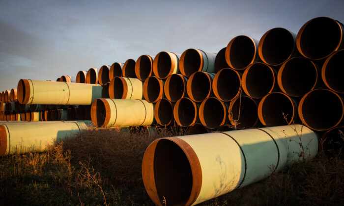 Miles of unused pipe, prepared for the proposed Keystone XL pipeline, sit in a lot outside Gascoyne, North Dakota, on Oct. 14, 2014. (Andrew Burton/Getty Images)