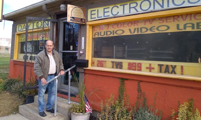 Joe Spanel outside his TV repair shop in Dayton, Ohio's West Side neighborhood. (Michael Sakal/  Pezou)