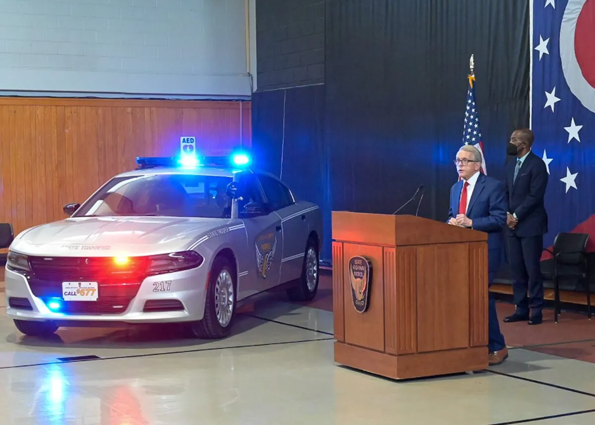 Ohio Governor Mike DeWine launching the plan to equip state troopers with body cameras on N ov. 23, 2021. (Mike Sakal/The Epoch Times)