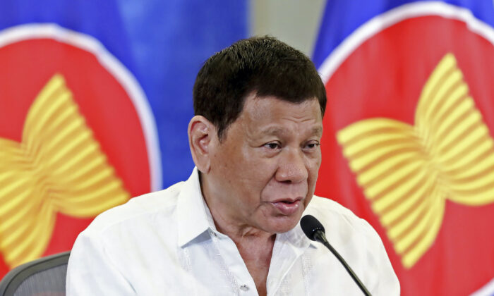 Philippine President Rodrigo Duterte speaks during the virtual plenary session of the ASEAN-China Special Summit in Davao City, southern Philippines, on Nov. 22, 2021. (Richard Madelo/Malacanang Presidential Photographers Division via AP)