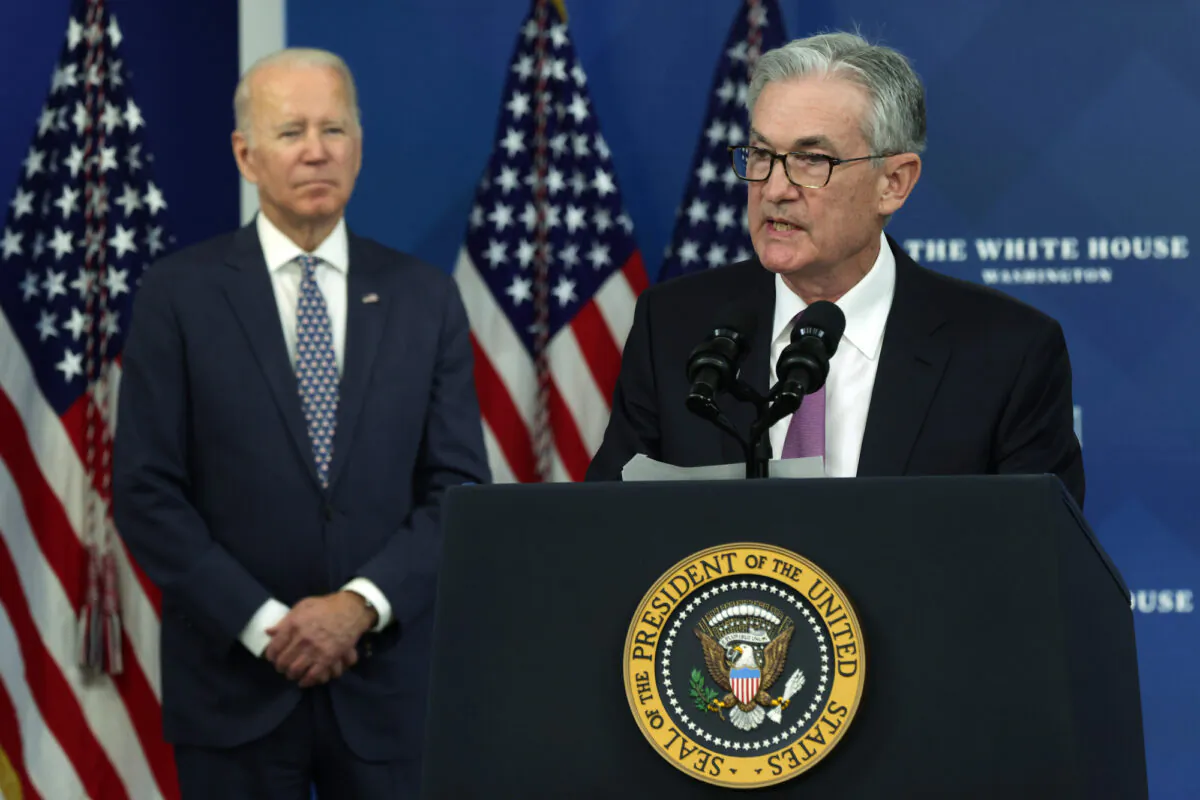 Federal Reserve Chair Jerome Powell (R) speaks as President Joe Biden (L) listens during an announcement at the White House in Washington, on Nov. 22, 2021. (Alex Wong/Getty Images)