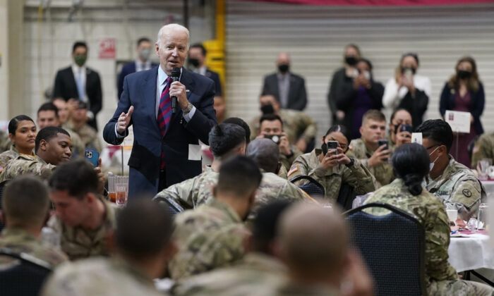 President Joe Biden speaks during a visit to Fort Bragg to mark the upcoming Thanksgiving holiday, in Fort Bragg, N.C., on Nov. 22, 2021. (Evan Vucci/AP Photo)
