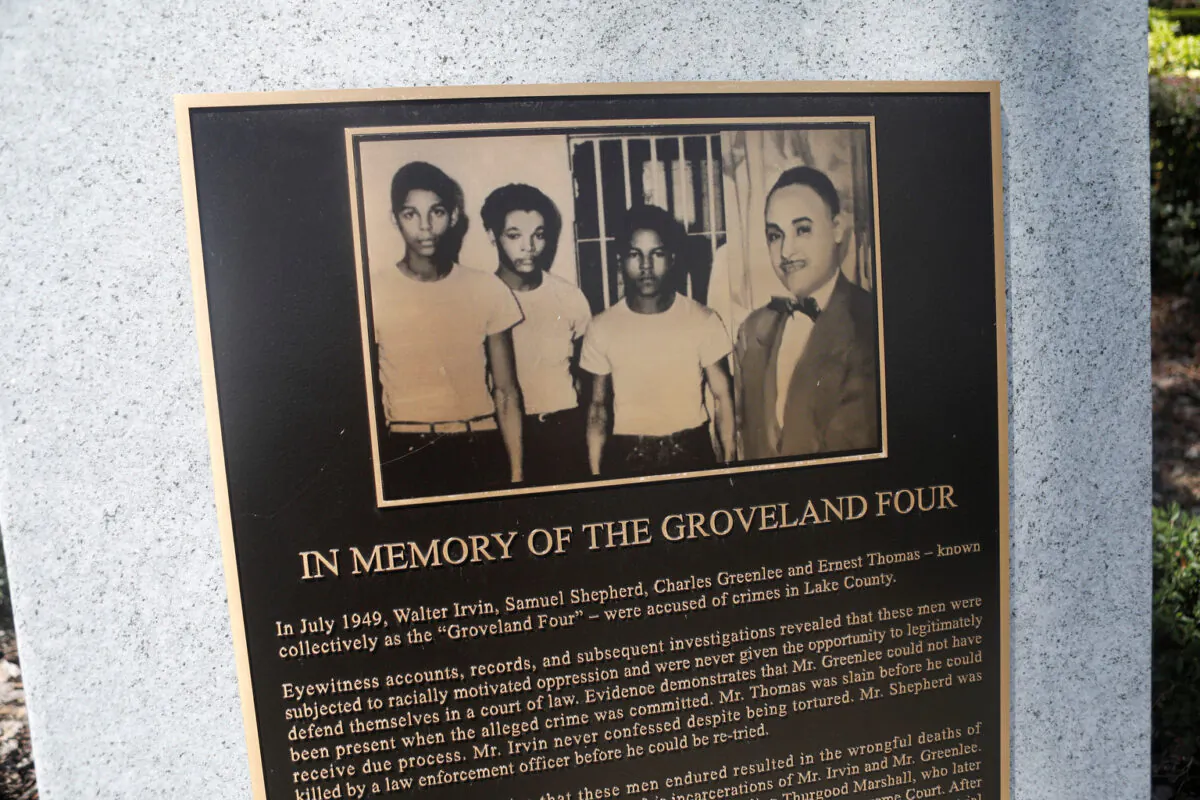 A monument of the "Groveland Four" is pictured in front of the Lake County Historical Society Museum in Tavares, Fla., on July 7, 2020. (Octavio Jones/Reuters)