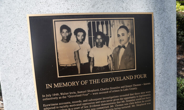 A monument of the "Groveland Four" is pictured in front of the Lake County Historical Society Museum in Tavares, Fla., on July 7, 2020. (Octavio Jones/Reuters)
