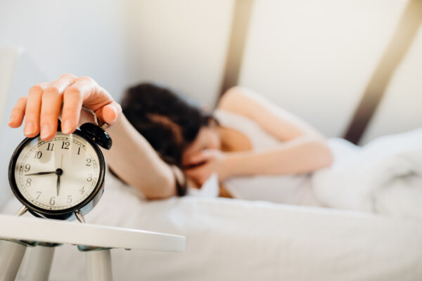 Alarm, clock, ringing. Woman, awake, awake, in, early, morning, at work.