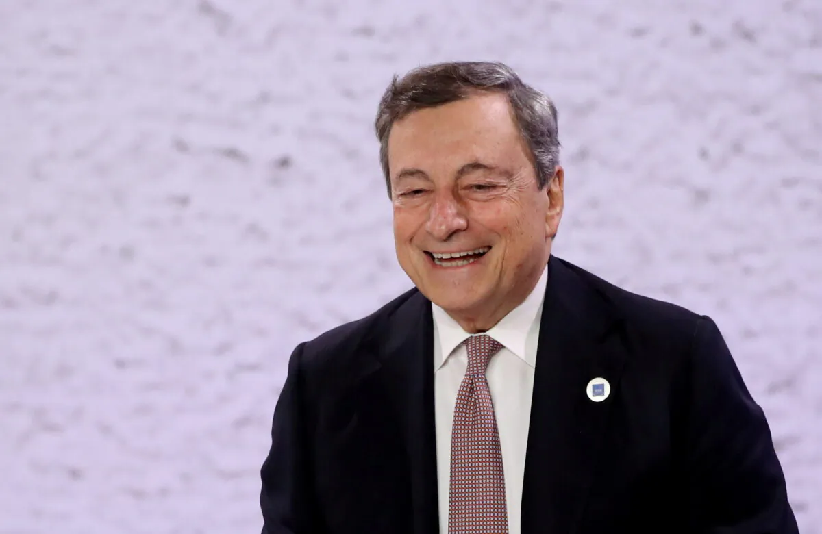 Italy's Prime Minister Mario Draghi reacts after speaking during a news conference at the end of the G20 summit in Rome, Italy, on Oct. 31, 2021. (Yara Nardi/Reuters)