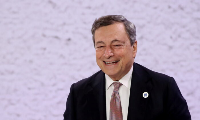 Italy's Prime Minister Mario Draghi reacts after speaking during a news conference at the end of the G20 summit in Rome, Italy,  on Oct. 31, 2021. (Yara Nardi/Reuters)