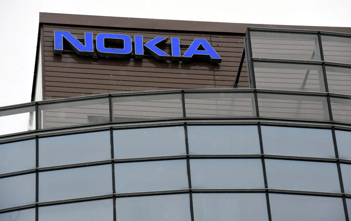 A view of the logo at the headquarters of the Finnish telecoms company Nokia in Espoo, Finland, on March 16, 2021. (Lehtikuva/Heikki Saukkomaa via Reuters)