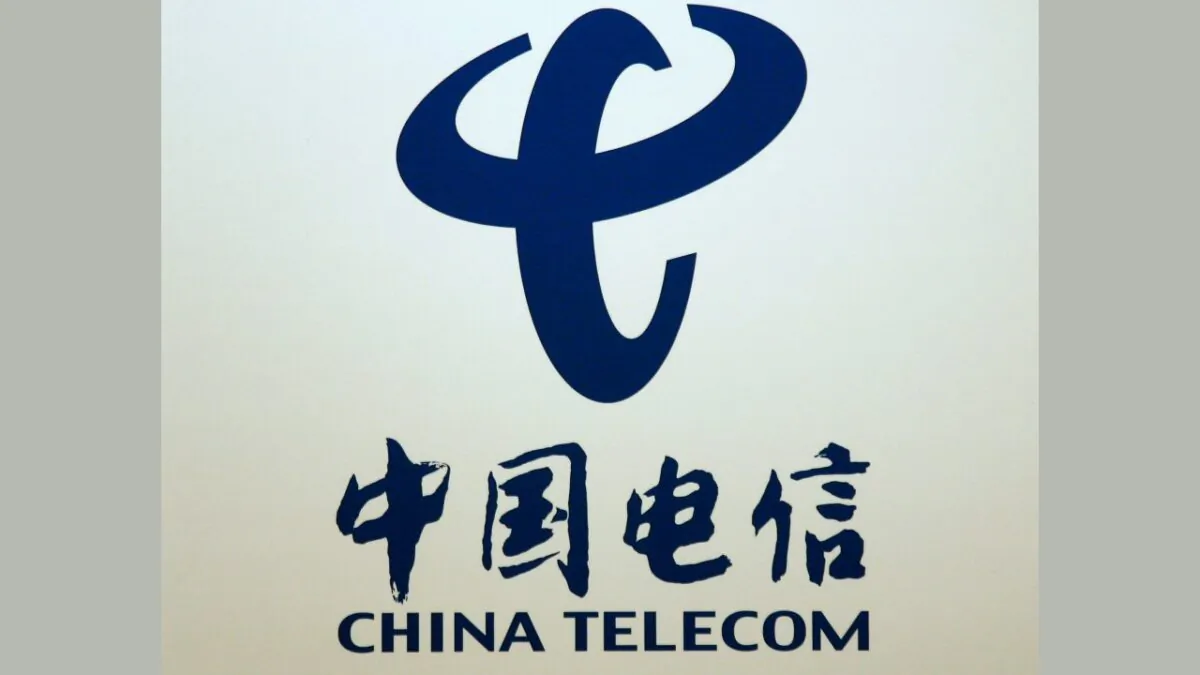 The company logo of China Telecom is displayed at a news conference in Hong Kong, on March 24, 2009. (Bobby Yip/Reuters)