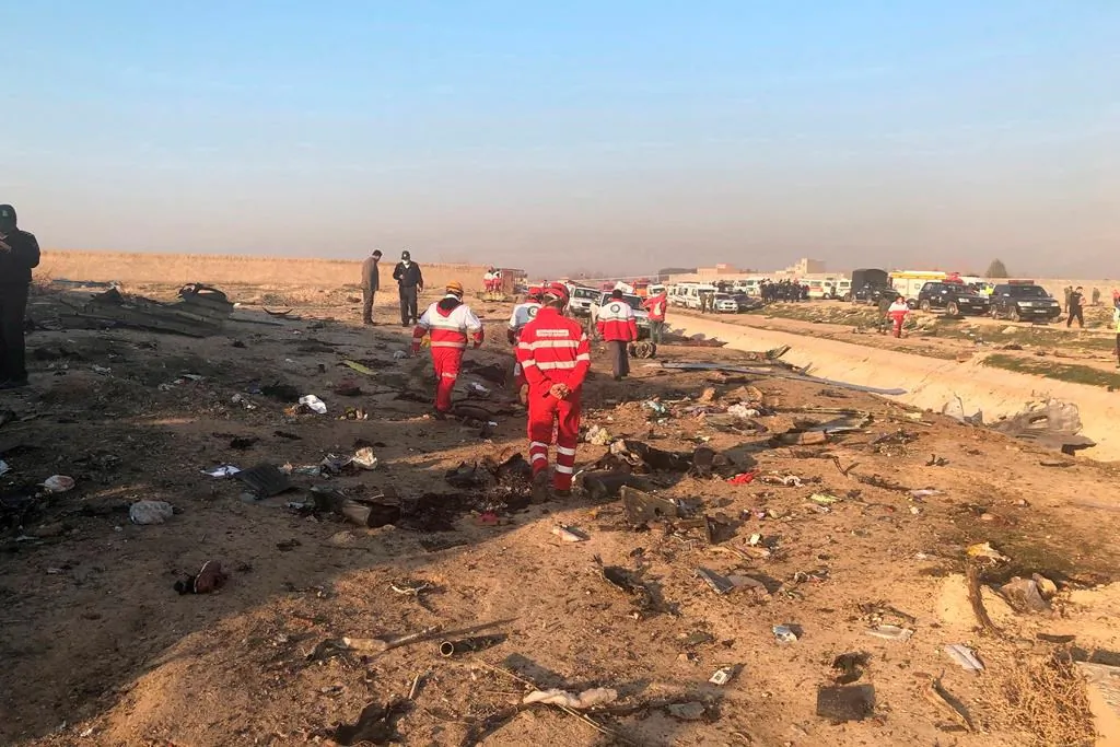 Debris is seen from a plane crash on the outskirts of Tehran, Iran, on Jan. 8, 2020. (The Associated Press/Mohammad Nasiri)