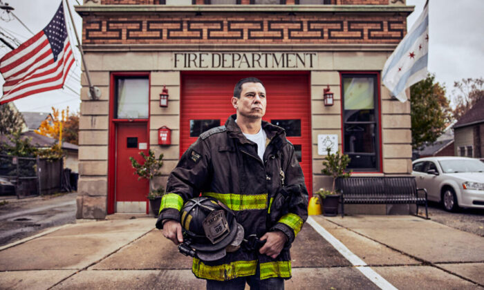 Fire Captain Scott Troogstad in front of his firehouse on the Southwest Side of Chicago, on Nov. 14, 2021. (Nathaniel Smith for The Epoch Times)