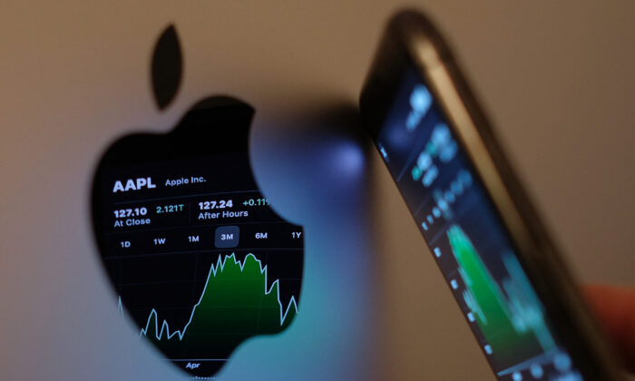 The Apple stock market ticker symbol AAPL is displayed on an iPhone screen and reflected in the logo of an iMac computer in Los Angeles, in this illustration photo taken on May 24, 2021. (Chris Delmas/AFP via Getty Images)