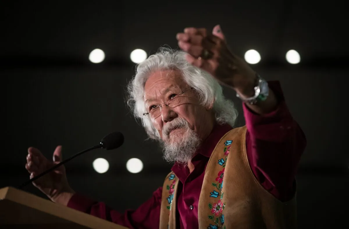 Environmental activist David Suzuki speaks during a rally for then Green Party Leader Elizabeth May and party candidates, in Vancouver on Oct. 19, 2019. (The Canadian Press/Darryl Dyck)