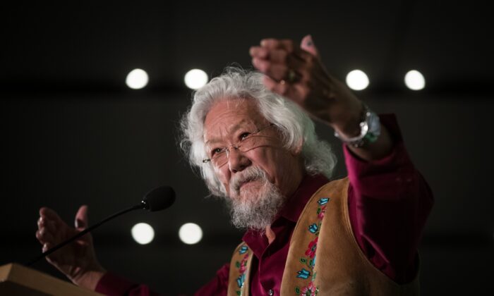 Environmental activist David Suzuki speaks during a rally for then Green Party Leader Elizabeth May and party candidates, in Vancouver on Oct. 19, 2019. ( Canadian Press/Darryl Dyck)
