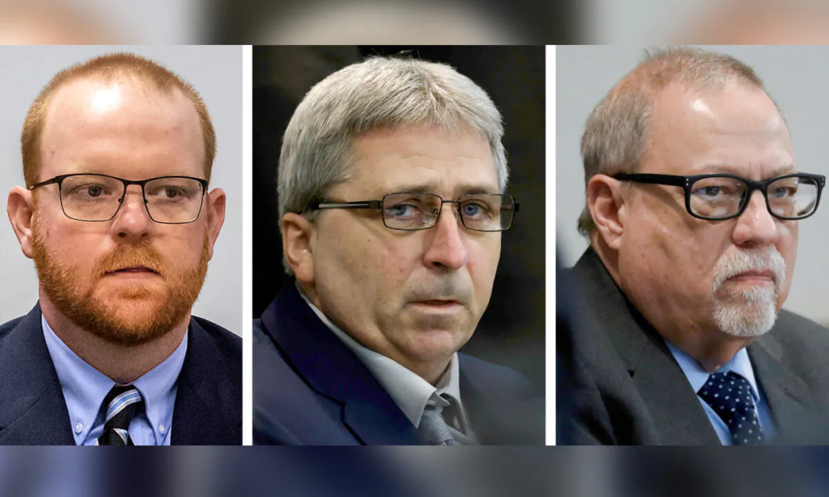 (L-R) Travis McMichael, William "Roddie" Bryan, and Gregory McMichael during their trial at at the Glynn County Courthouse in Brunswick, Ga., in a file photo. (Pool via AP)