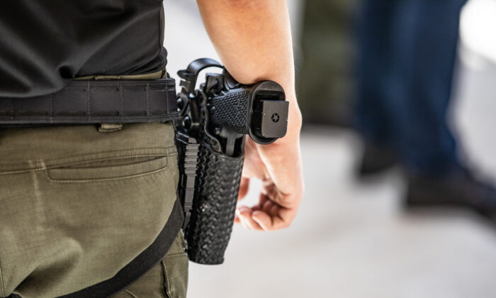 A firearm belonging to a deputy at the Orange County Sheriff's Department Law Enforcment Shooting Range in Orange, Calif., on March 30, 2021. (John Fredricks/The Epoch Times)