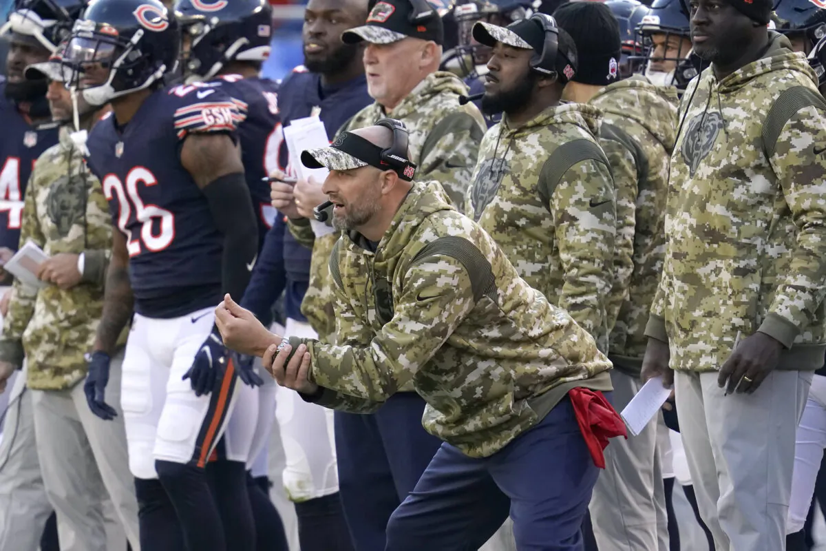 Chicago Bears head coach Matt Nagy watches his team from the sidelines during the second half of an NFL football game against the Baltimore Ravens in Chicago, on Nov. 21, 2021. (Nam Y. Huh/AP Photo)