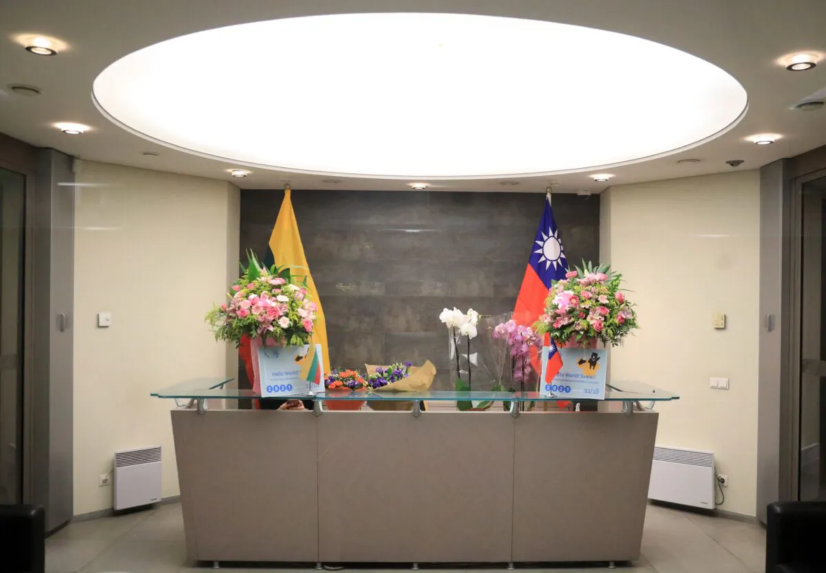 The lobby of the Taiwanese Representative Office is shown in Lithuania, on Nov. 18, 2021. (Petras Malukas/AFP via Getty Images)