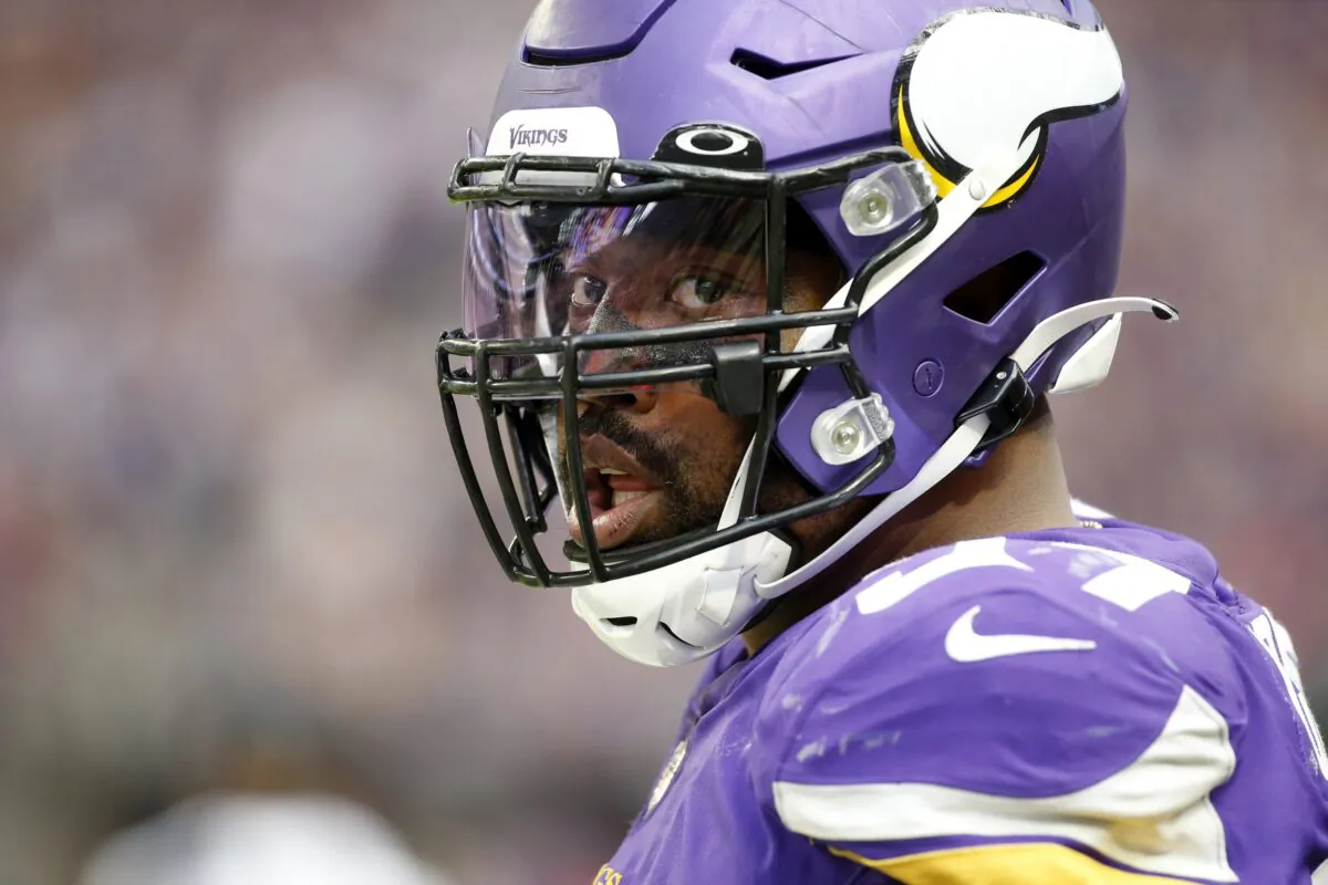 Minnesota Vikings defensive end Everson Griffen stands on the field during the second half of an NFL football game against the Detroit Lions in Minneapolis, on Oct. 10, 2021. (Bruce Kluckhohn/AP Photo)