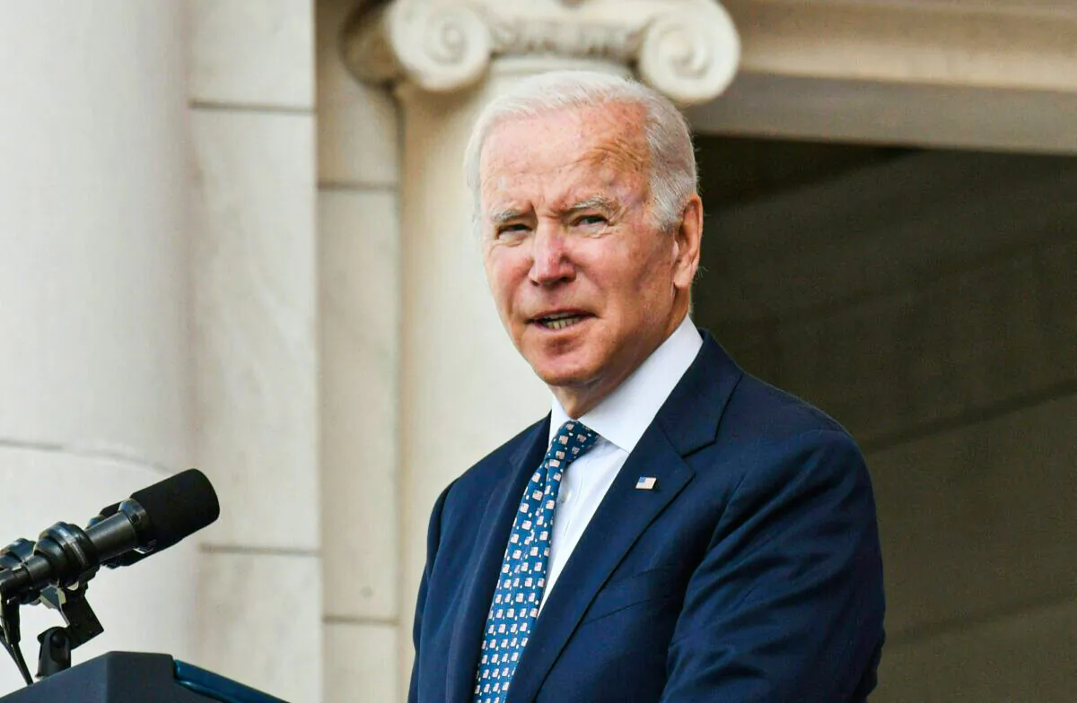 President Joe Biden speaks during an event to commemorate Veterans Day in the Memorial Amphitheater at Arlington National Cemetery in Arlington, Va., on Nov. 11, 2021. (Nicholas Kamm/AFP via Getty Images)