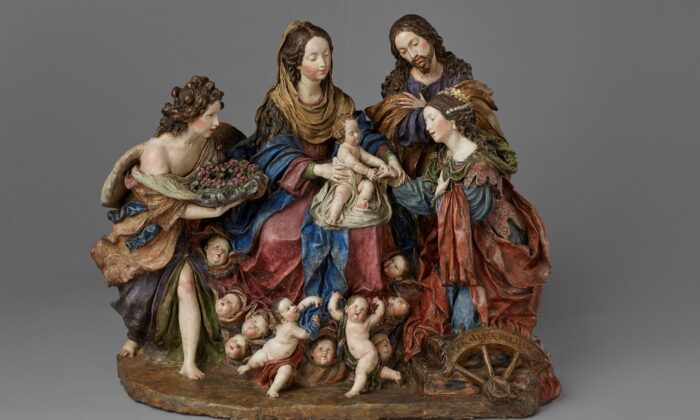 “ Mystical Marriage of St. Catherine,” 1692–1706, by Luisa Roldán. Polychromed terracotta; 14 3/8 inches by 17 3/4 inches by 11 5/8 inches by 32 1/4 inches. ( Hispanic Society Museum & Library)