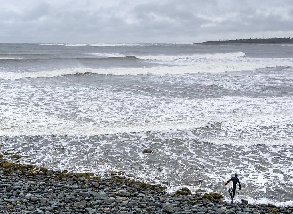 A surfer heads to the water in Cow Bay, N.S., Nov. 23, 2021. Heavy rain and high winds are impacting a large swath of Atlantic Canada. ( The Canadian Press/Andrew Vaughan)