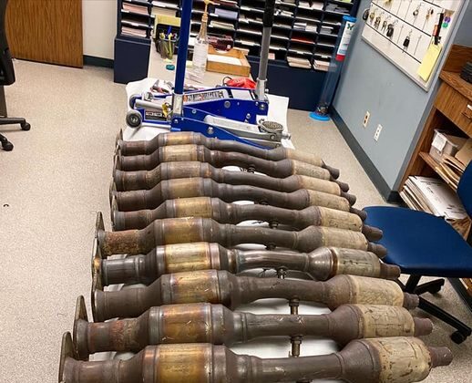 Three juveniles are in custody and nearly a dozen catalytic converters have been recovered following a short pursuit that ended in a crash in Ventura County, Calif., on Nov. 23, 2021. (Courtesy of the Ventura County Police)