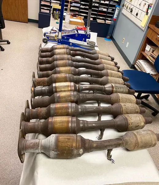 Three juveniles are in custody and nearly a dozen catalytic converters have been recovered following a short pursuit that ended in a crash in Ventura County, Calif., on Nov. 23, 2021. (Courtesy of the Ventura County Police)